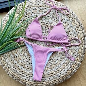 NEW PINK RIBBED TRIANGLE  CHEEKY BIKINI - S